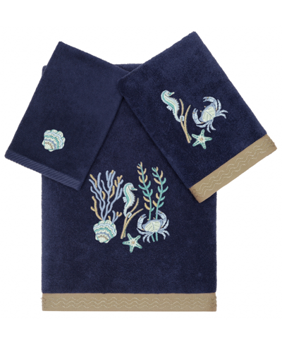 Linum Home Textiles Turkish Cotton Aaron Embellished Towel Set, 3 Piece In Marine