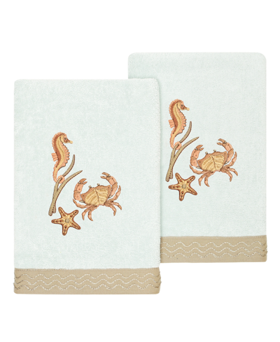 Linum Home Turkish Cotton Aaron Embellished 2-pc. Hand Towel Set In Aqua