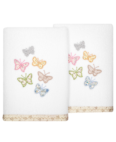 Linum Home Textiles Turkish Cotton Mariposa Embellished Hand Towel Set, 2 Piece In White