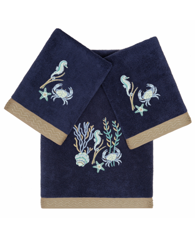 Linum Home Textiles Turkish Cotton Aaron Embellished Towel Set, 3 Piece In Marine