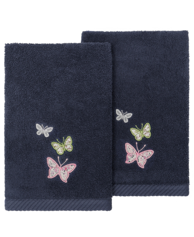 Linum Home Turkish Cotton Mariposa Embellished 2-pc. Fingertip Towel Set In Marine