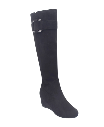 Impo Women's Genia Memory Foam Stretch Wide Calf Knee High Wedge Boots In Black
