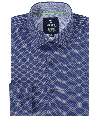 Tom Baine Men's Slim Fit Performance Long Sleeve Geometric Button Down Dress Shirt In Navy Fish