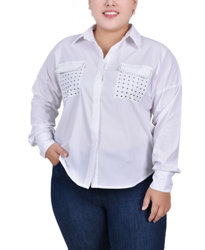 Ny Collection Plus Size Long Sleeve Hidden Placket Blouse With Studs In White
