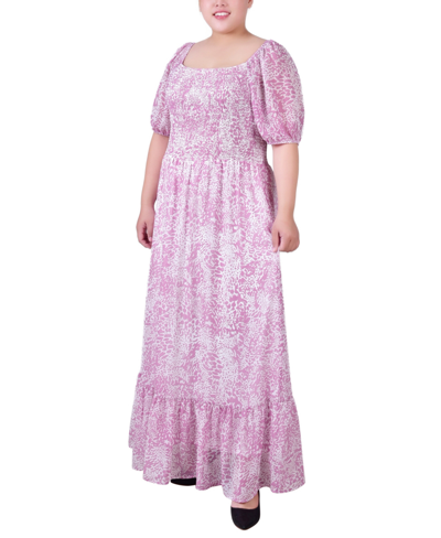 Ny Collection Plus Size Short Sleeve Smocked Maxi Dress In Lilac Animal