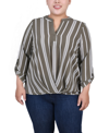 Ny Collection Plus Size 3/4 Sleeve Mandarin Collar Blouse With Front Pleats In Dusty Olive Stripe