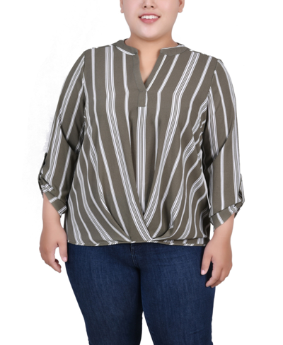 Ny Collection Plus Size 3/4 Sleeve Mandarin Collar Blouse With Front Pleats In Dusty Olive Stripe