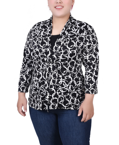 Ny Collection Plus Size Puff Print 3/4 Sleeve 2-fer Top In Nice Icemoon