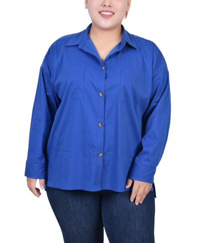 Ny Collection Plus Size Long Sleeve Blouse With Chest Pockets In Surf The Web