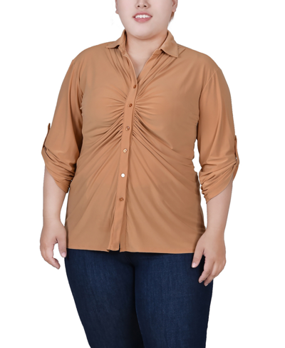 Ny Collection Plus Size 3/4 Roll Tab Rouched-front Top In Iced Coffee