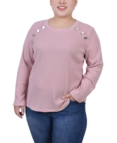 Ny Collection Plus Size Long Sleeve Ribbed Button Detail Top In Pink