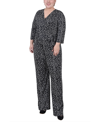 Ny Collection Plus Size 3/4 Sleeve Belted Jumpsuit In Black White Ice Moon