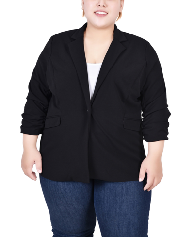 Ny Collection Plus Size 3/4 Rouched Sleeve Crepe Blazer In Black Black Red Chain