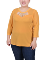 Ny Collection Petite 3/4 Sleeve Top With Neckline Cutouts And Stones In Golden Glow