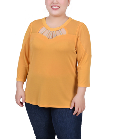 Ny Collection Plus Size 3/4 Sleeve Top With Neckline Cutouts And Stones In Golden Glow