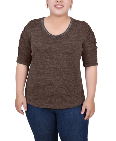 Ny Collection Plus Size Rouched Sleeve Top In Brown