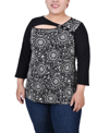 Ny Collection Plus Size 3/4 Sleeve Puff Print Cutout Top In Black Doral Flower