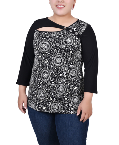 Ny Collection Plus Size 3/4 Sleeve Puff Print Cutout Top In Brown Paisley