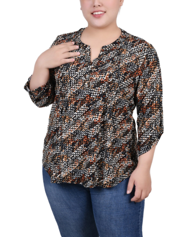 Ny Collection Plus Size 3/4 Roll Tab Sleeve Y-neck Top In Black Gray Rust Geo