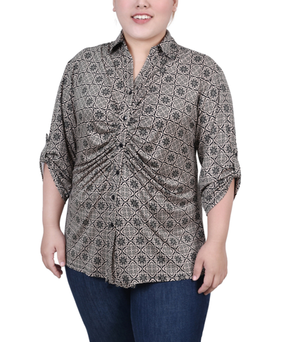 Ny Collection Plus Size 3/4 Roll Tab Rouched-front Top In Black Doeskin Floral Iconic