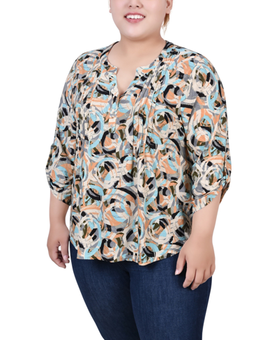 Ny Collection Plus Size 3/4 Roll Tab Pullover Top In Autumnal Blue Abstract