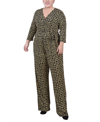 Ny Collection Petite 3/4 Sleeve Printed Belted Jumpsuit In Black Gold Chain Link
