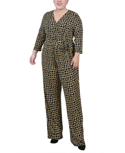 Ny Collection Plus Size 3/4 Sleeve Belted Jumpsuit In Black Gold Chain Link