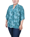 Ny Collection Plus Size 3/4 Roll Tab Sleeve Smocked-yoke Top In Etch Green