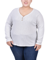 Ny Collection Petite Long Sleeve Ribbed Henley Top In Light Gray