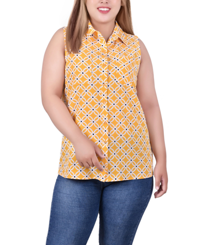 Ny Collection Women's Petite Sleeveless Notch Collar Button Front Blouse In Yellow Iconic