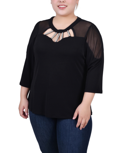 Ny Collection Plus Size 3/4 Sleeve Top With Neckline Cutouts And Stones In Black