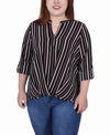 Ny Collection Petite Size 3/4 Push Tab Mandarin Collar Blouse With Front Pleats In Black Mauve Stripe