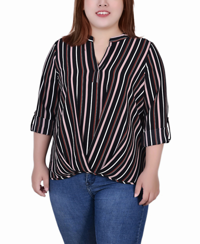 NY COLLECTION PLUS SIZE 3/4 SLEEVE MANDARIN COLLAR BLOUSE WITH FRONT PLEATS