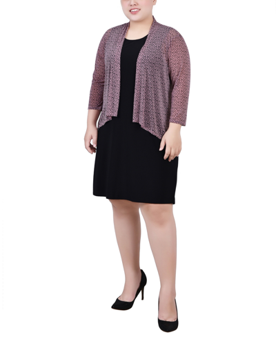 Ny Collection Plus Size Cardigan And Dress Set, 2 Piece In Lilas Black Swirl Black