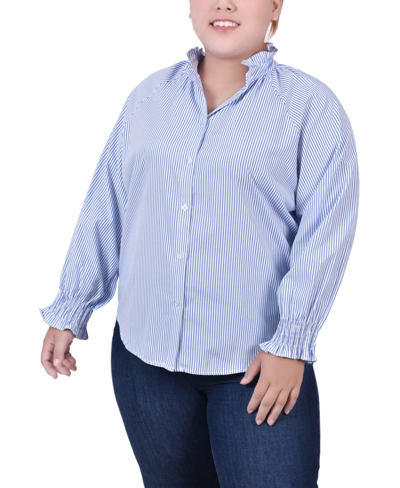 Ny Collection Plus Size Long Sleeve Button Front Blouse In Blue Tortorella