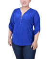 Ny Collection Plus Size 3/4 Roll Tab Zip Front Jacquard Knit Top In Royal