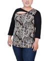 Ny Collection Plus Size 3/4 Sleeve Puff Print Cutout Top In Brown Paisley