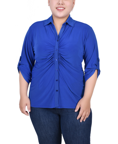Ny Collection Plus Size 3/4 Roll Tab Rouched-front Top In Surf The Web