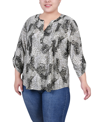 Ny Collection Plus Size 3/4 Roll Tab Sleeve Y-neck Top In Shadow Black Animal
