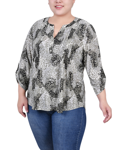 Ny Collection Plus Size 3/4 Roll Tab Sleeve Y-neck Top In Shadow Black Animal