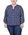 Ny Collection Petite Long Roll Tab Sleeve Zip Pocket Blouse In Surf Black White Stripe