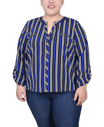 Ny Collection Petite Long Roll Tab Sleeve Zip Pocket Blouse In Surf Black White Stripe