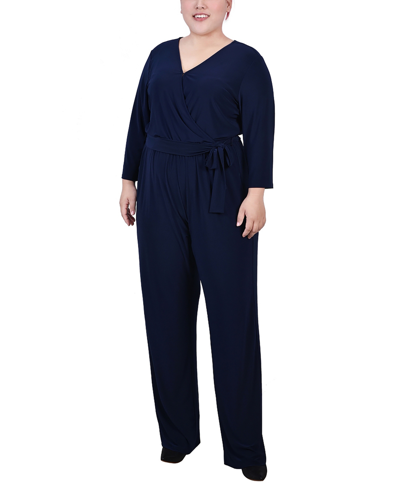 Ny Collection Plus Size 3/4 Sleeve Belted Jumpsuit In Navy