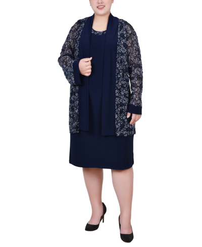 Ny Collection Plus Size Cardigan Dress Set, 2 Piece In Navy Plum Flowers