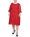 NY COLLECTION PLUS SIZE 3/4 SLEEVE BELTED SWISS DOT DRESS