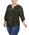 Ny Collection Plus Size 3/4 Roll Tab Pullover Top In Black Herbal Zebra