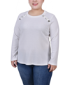 Ny Collection Plus Size Long Sleeve Ribbed Button Detail Top In Ivory