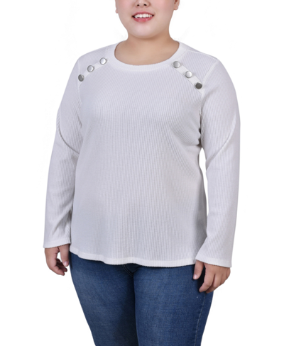 Ny Collection Plus Size Long Sleeve Ribbed Button Detail Top In Light Charcoal