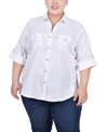 NY COLLECTION PLUS SIZE ROLL TAB BLOUSE WITH RIB INSETS