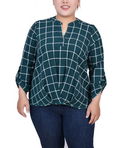 Ny Collection Plus Size 3/4 Sleeve Mandarin Collar Blouse With Front Pleats In Botanical Green Box Print